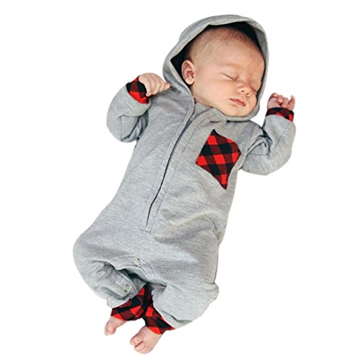 Newborn Baby Outfits Clothes Infant Boy Girl Plaid Hooded Romper Jumpsuit (3M, Gray)
