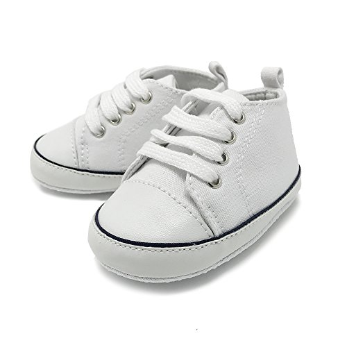 Frills Infant Toddlers Baby Boys and Girls Soft Soled Crib Shoes PU Sneakers – White Hightop (for ages 6-12 months/10.5 cm. length)