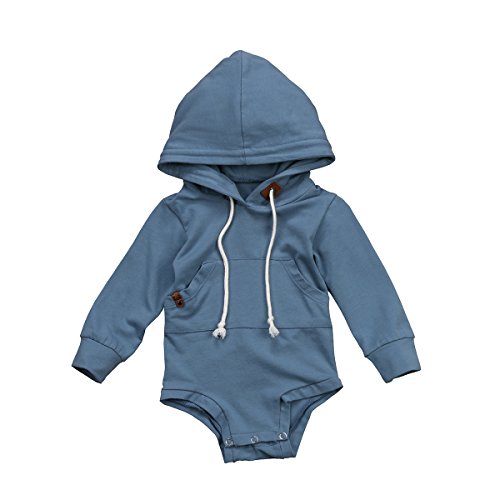 FOCUSNORM Newborn Baby Boys Clothes with Pockets Hooded Long Sleeves Romper Bodysuit Top Straps Outfits for 0-24 M (Tag 80/6-12 Months, Blue Romper)