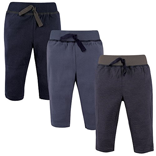 Hudson Baby Baby Cotton Pants, 3 Pack, Navy/Gray Striped, 0-3 Months
