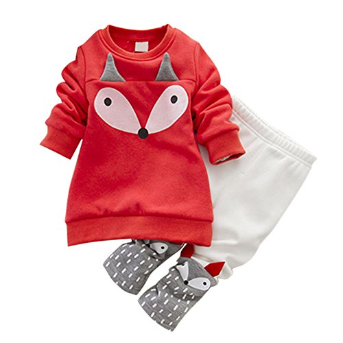 EFINNY Baby Girl's Cartoon Fox Sweatshirt Thick Velvet Pant Suits Clothing Set (1 year/Size 80)