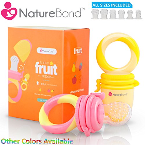 NatureBond Baby Food Feeder / Fruit Feeder Pacifier (2 PCs) – Infant Teething Toy Teether in Appetite Stimulating Colors | Includes 6 PCs All Sizes Silicone Sacs