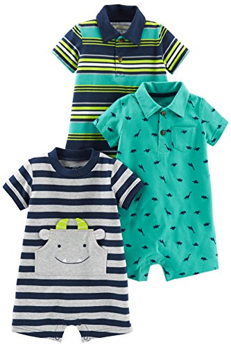 Simple Joys by Carter's Baby Boys' 3-Pack Rompers, Blue Stripe/Turquoise Dino/Grey Navy, 6-9 Months