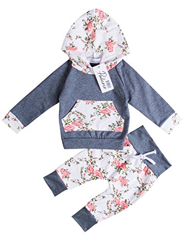Baby Girls Long Sleeve Flowers Hoodie Top and Pants Outfit with Kangaroo Pocket (80(6-12M), Grey)