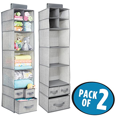 mDesign Fabric Baby Nursery Closet Organizer for Stuffed Animals, Blankets, Diapers – Pack of 2, 7 Shelves and 3 Drawers, Gray