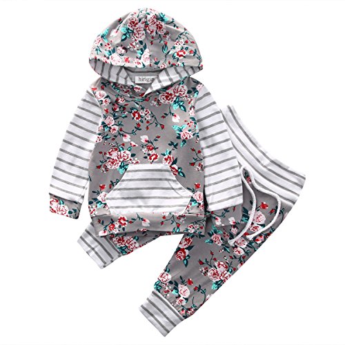 Baby Girl 2pcs Set Outfit Flower Print Hoodies with Pocket Top+Striped Long Pants (0-6M, Grey)