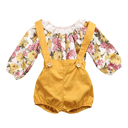 Baby Girls Long Sleeve Princess Floral Romper+ Suspenders Short Pants Overall Jumpsuit Outfit (18-24 Months, Yellow)