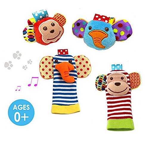 Daisy  4-Piece Animal Baby Infant Wrists Rattle and Socks Foot Finders Set Developmental Soft Toy – Elephant and Monkey