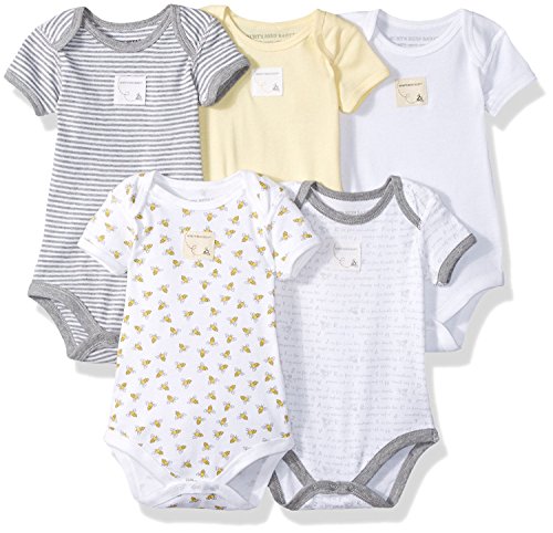 Burt's Bees Baby – Set of 5 Bee Essentials Short Sleeve Bodysuits, 100% Organic Cotton, Sunshine Prints (3-6 Months)