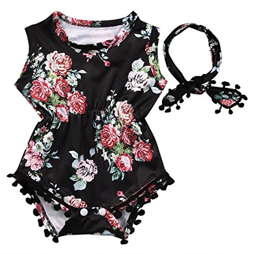 Cute Adorable Floral Romper Baby Girls Sleeveless Tassel Romper One-pieces +Headband Sunsuit Outfit Clothes (6-12 Months, Black)