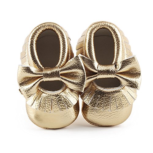 Delebao Infant Toddler Baby Soft Sole Tassel Bowknot Moccasinss Crib Shoes (6-12 Months, Gold)