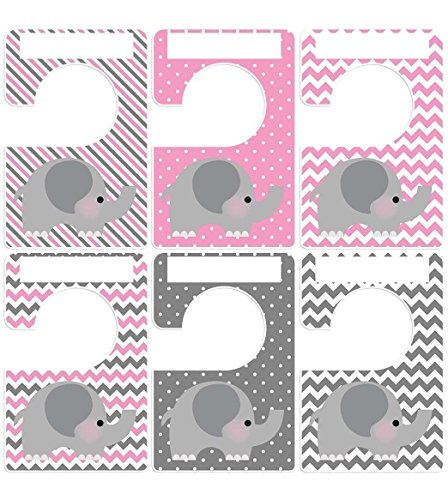 Closet Doodles 6 baby clothing dividers elephants gray pink any size Plus 48 Sorting Labels