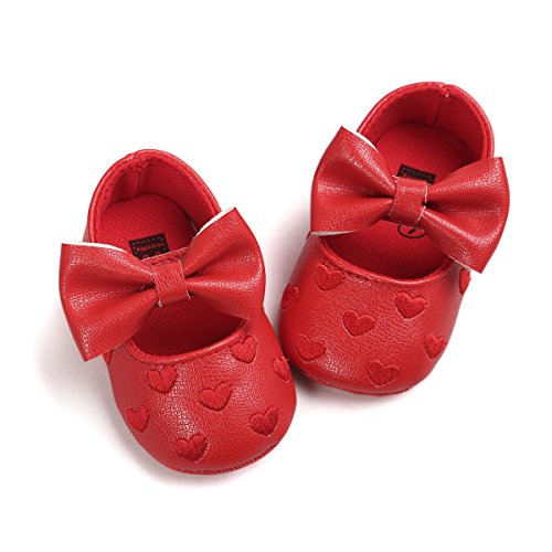 RVROVIC Baby Girls Shoes PU Soft Sole Bow Prewalker 0-18 Months (11cm (0-6months), Heart Red)