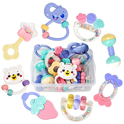 Tumama 8pcs Baby Rattles Teethers Set, Grab Toys, Shaking Bell Rattle Set with Storage Box for Infant, Newborn Baby, Toddler, Candy Colors
