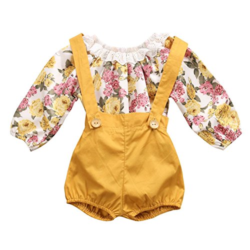 GRNSHTS Baby Girls Floral Suspenders Pant Set Long Sleeve Romper + Short Overalls (80 / 6-12 Months, Yellow)