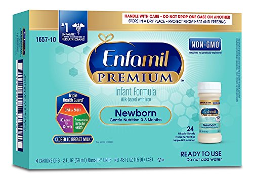 Enfamil Newborn PREMIUM Non-GMO Infant Formula 20 Calorie, Ready to Use, 2 Fluid Ounce Nursette Bottle, 6 Count (Pack of 4) (Packaging May Vary)